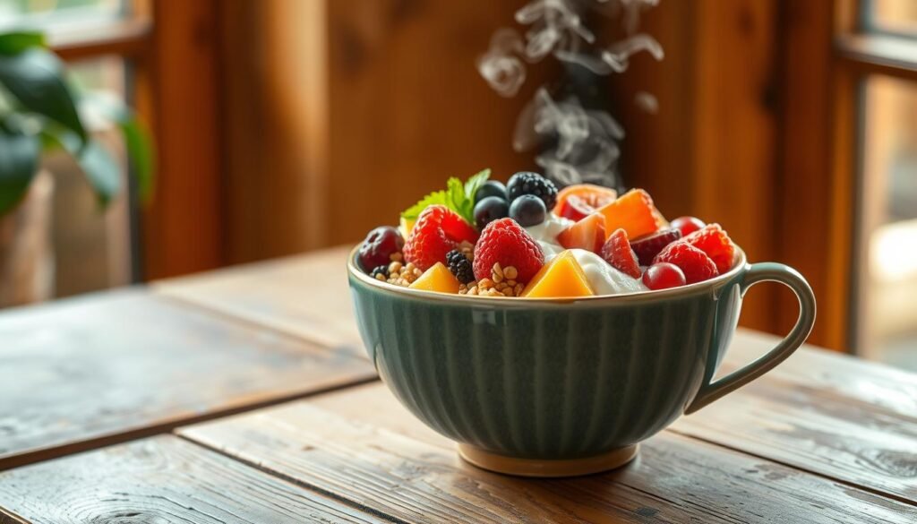 A beautifully lit breakfast bowl filled with a vibrant array of fresh fruits, whole grains, and creamy vegan yogurt, accompanied by a steaming cup of rich, aromatic coffee. The scene is captured in a warm, inviting atmosphere, with soft natural lighting filtering through a window, casting a gentle glow on the arrangement. The bowl and mug are placed on a rustic wooden table, creating a cozy, homey ambiance. The overall composition suggests a nourishing, plant-based start to the day, perfect for a relaxing brunch experience.