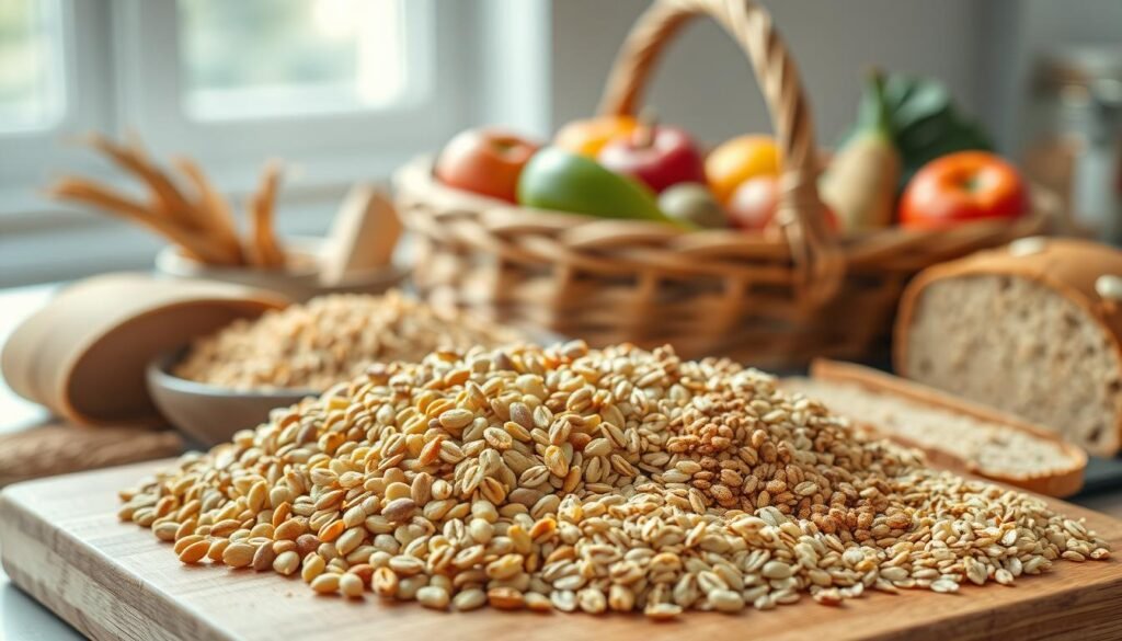 A bountiful still life showcasing an array of whole-grain foods. In the foreground, a wooden cutting board displays a variety of grains, including plump wheat berries, nutty-hued quinoa, and hearty steel-cut oats. Arranged around them are slices of whole-grain bread, a handful of earthy brown rice, and a scattering of crunchy granola. In the middle ground, a woven basket overflows with vibrant fruits and vegetables, their colors a vivid counterpoint to the warm tones of the grains. The background is softly lit, with natural sunlight filtering through a window, casting a gentle glow over the scene. The overall composition evokes a sense of nourishment, wholeness, and the comforting simplicity of a well-stocked pantry.