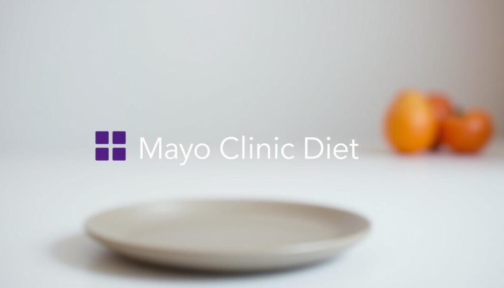 A clean, minimalist image of the "Mayo Clinic Diet" logo, rendered in a soft, muted color palette. The logo is the focal point, positioned in the center of the frame against a subtly blurred, calming background. The lighting is soft and diffused, creating a serene, professional atmosphere. The camera angle is slightly elevated, giving the logo a sense of authority and trustworthiness. The overall composition is balanced and visually appealing, reflecting the clinical and habit-first nature of the weight-loss program.