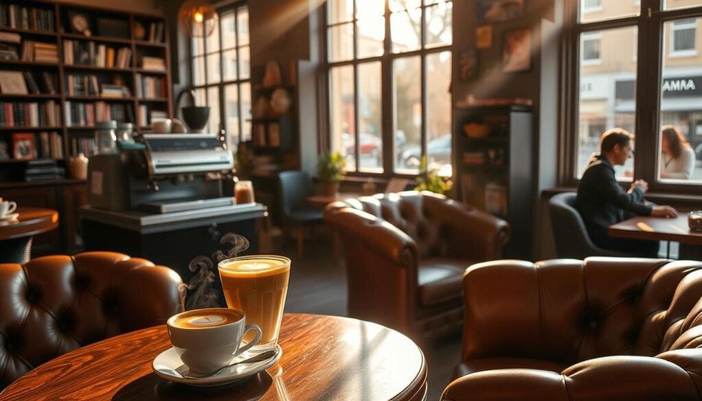 A cozy coffee shop, warm light filtering through large windows, baristas expertly crafting artisanal beverages. Latte art adorns the surface of frothy cappuccinos, steam rising gently. Plush leather armchairs and wooden tables create a welcoming atmosphere, bookshelves lining the walls. The aroma of freshly ground beans and baked pastries fills the air, enticing passersby to step inside and indulge. Sunlight dapples the scene, casting a soft, inviting glow. A perfect retreat for dessert and conversation, this charming coffee stop offers a delightful respite from the bustling street outside.