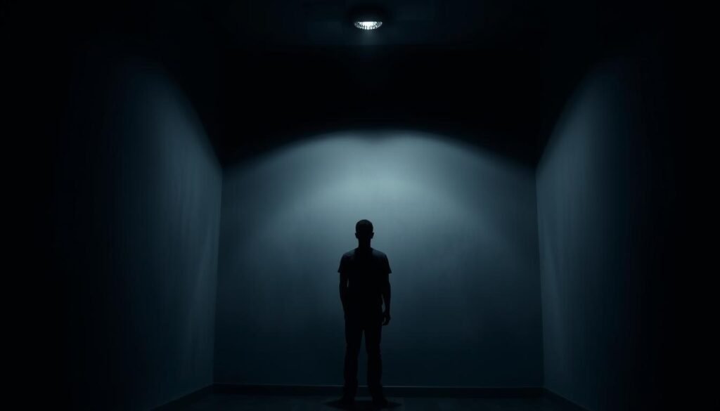 A dimly lit room, its walls closing in, symbolizing the limitations of BMI in assessing true health risks. In the foreground, a person stands, their silhouette cast against a hazy, out-of-focus background, representing the individuality and complexity that a single number cannot capture. Overhead, a single, harsh light casts shadows, highlighting the constraints and oversimplifications of the BMI metric. The atmosphere is somber, suggesting the need for a more nuanced, holistic approach to understanding body composition and well-being.