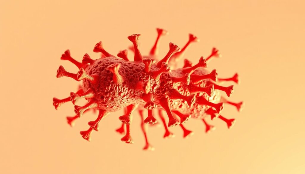 A highly detailed, scientifically accurate illustration of hepatitis B surface antigen (HBsAg) against a clean, white background. The antigen is shown in a magnified, three-dimensional view, rendering its complex protein structure in striking detail. Utilize a warm, almost glowing lighting to highlight the intricate molecular patterns and textures. Capture the antigen from an angled, slightly elevated perspective to convey a sense of depth and dimensionality. Imbue the image with a mood of clinical precision and visual clarity, reflecting the diagnostic significance of HBsAg testing.