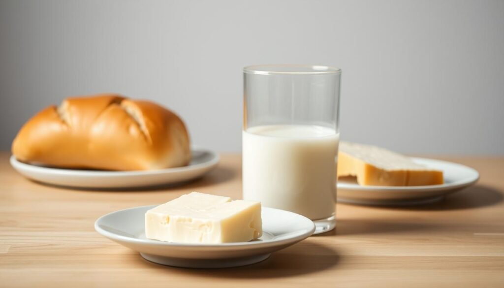 A minimalist still life depicting a selection of foods and beverages to avoid when constipated. In the foreground, a glass of milk and a plate of cheese sit on a wooden table, with a loaf of white bread in the background. Soft, indirect lighting creates a calm, contemplative atmosphere. The composition is balanced and symmetrical, emphasizing the simplicity of the subject matter. The image conveys the idea of moderation and restraint, hinting at the importance of dietary choices during periods of digestive distress.