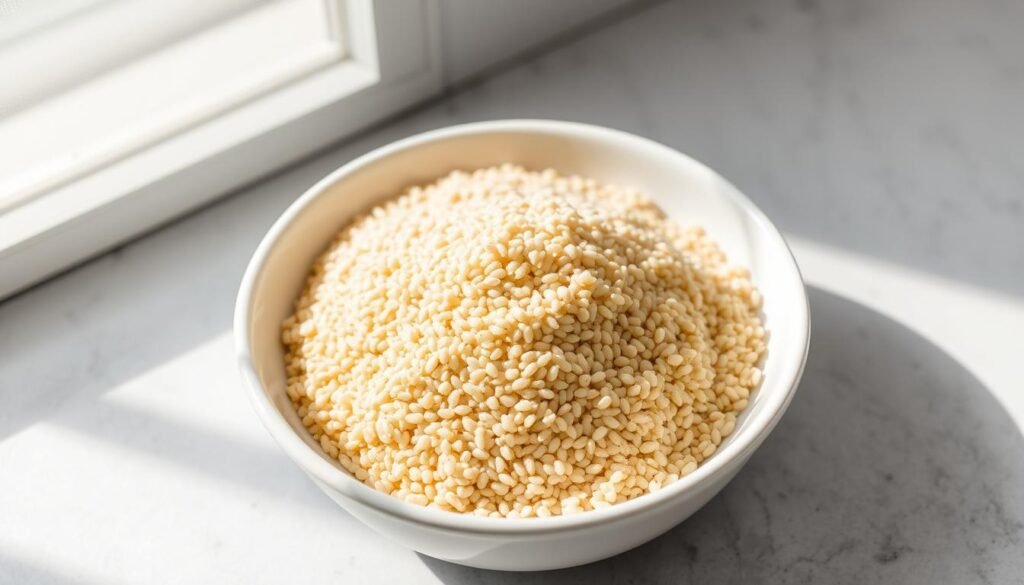 A neatly arranged assortment of quinoa grains, freshly rinsed and gleaming under soft, natural lighting. The quinoa is presented in a shallow white ceramic bowl, set against a minimalist backdrop of muted gray tones. The overall composition exudes a sense of simplicity and purity, highlighting the nutritional value and versatility of this supergrain. The scene is captured from a slightly elevated angle, creating a sense of calm and inviting the viewer to explore the preparation of this wholesome, plant-based ingredient.