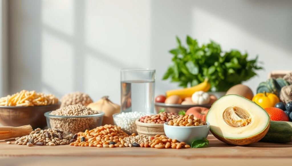 A vibrant still life scene of a healthy high-fiber meal plan. In the foreground, an arrangement of fiber-rich foods like whole grains, beans, lentils, fruits, and vegetables, all displayed on a wooden table with natural lighting. In the middle ground, a glass of water and a supplement bottle symbolize a balanced approach. The background features a soothing, minimalist environment with subtle textures and neutral tones, conveying a sense of calm and wellness. The overall composition and lighting create an inviting, appetizing, and informative image to visually communicate the concept of building a high-fiber diet for improved digestion and regularity.