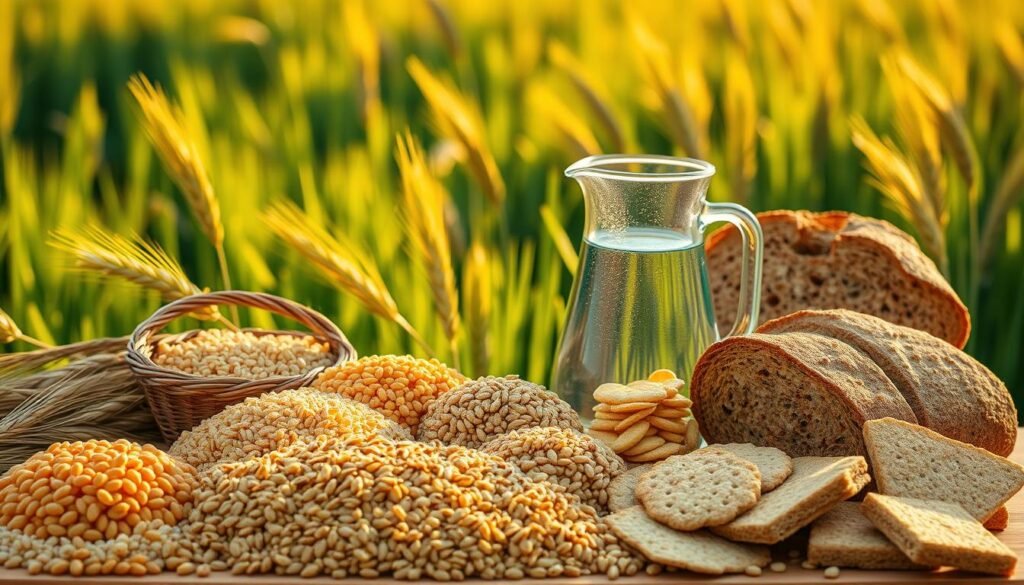 A vibrant still life scene of whole grain consumption. In the foreground, a variety of whole grain products are artfully arranged - from golden wheat berries and nutty brown rice to hearty whole wheat bread and crisp whole grain crackers. The middle ground features a glass pitcher filled with fresh, cool water, symbolizing the importance of hydration. In the background, a lush, verdant field of waving wheat stalks is illuminated by warm, natural lighting, casting a soft, golden glow over the scene. The overall mood is one of health, nourishment, and the bounty of nature. Shot with a high-resolution camera and a shallow depth of field, creating a visually compelling and appetizing composition.