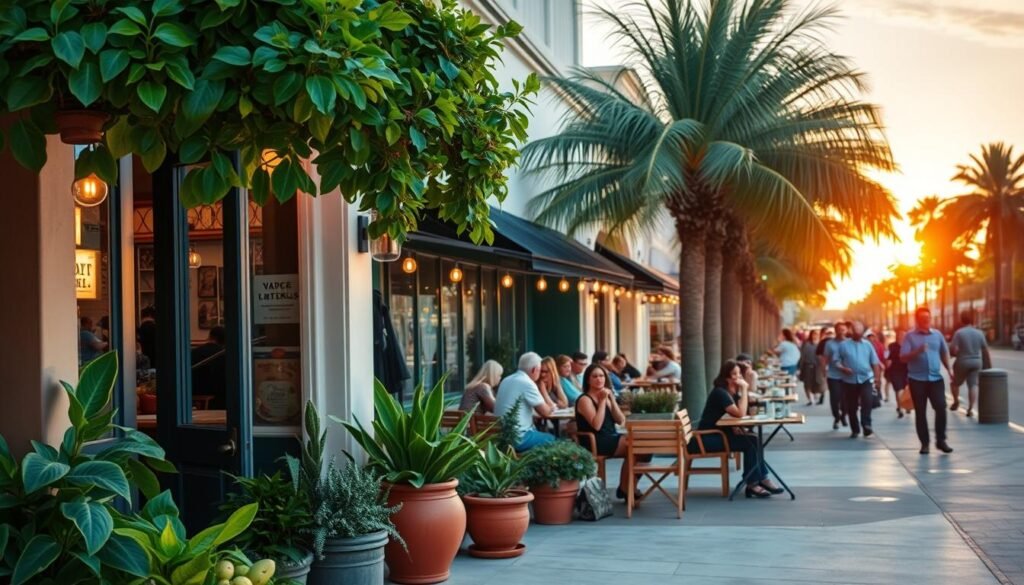 A vibrant street scene in Sarasota, Florida, capturing the essence of its thriving vegan and vegan-friendly restaurant scene. In the foreground, lush potted plants and artfully displayed produce spill out from the open doorway of a cozy vegan cafe, beckoning passersby. Mid-frame, diners enjoy wholesome plant-based meals at outdoor tables, surrounded by the warm glow of string lights and the lively chatter of the community. In the background, a line of palm trees sways gently, their fronds framing the bustling scene below, as a setting sun casts a golden hue across the entire tableau. The atmosphere is one of welcoming hospitality, sustainable consciousness, and a celebration of the plant-based lifestyle.