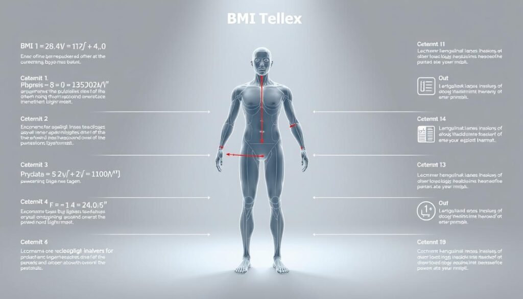 Detailed illustration of a step-by-step BMI calculation process. Centered on a geometric 3D wireframe model of a human body, with key measurement points highlighted. Surrounding this are informative visualizations and infographic elements, such as formulas, charts, and icons, all in a clean, minimalist style with a focus on data and functionality. Soft lighting from multiple angles creates depth and emphasizes the technical nature of the subject matter. The overall tone is educational and analytical, designed to clearly communicate the mechanics of accurately determining one's body mass index.
