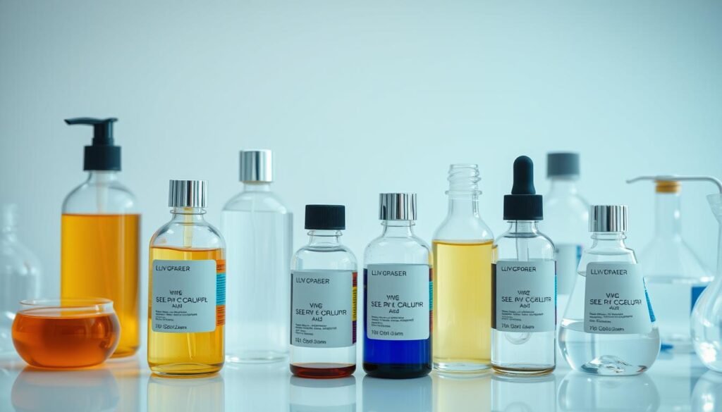 A scientific laboratory setting with clear glass beakers and bottles, each containing a different skin care formula. The bottles are arranged in a grid, allowing for a side-by-side comparison. Soft, even lighting illuminates the scene, highlighting the colors and textures of the products. The background is a clean, minimalist workspace, with a subtle gradient that draws the eye to the central focus. The overall mood is one of clinical precision and product comparison, inviting the viewer to analyze and evaluate the different skin care options. A scientific laboratory setting with clear glass beakers and bottles, each containing a different skin care formula. The bottles are arranged in a grid, allowing for a side-by-side comparison. Soft, even lighting illuminates the scene, highlighting the colors and textures of the products. The background is a clean, minimalist workspace, with a subtle gradient that draws the eye to the central focus. The overall mood is one of clinical precision and product comparison, inviting the viewer to analyze and evaluate the different skin care options.